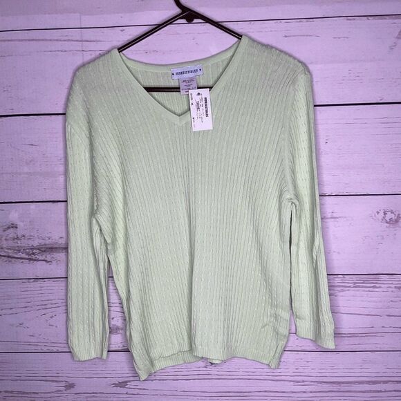 NWT IRRESISTIBLES Women’s Lime Green Cotton Cable Knit V-Neck Sweater Canada XL - Picture 9 of 11